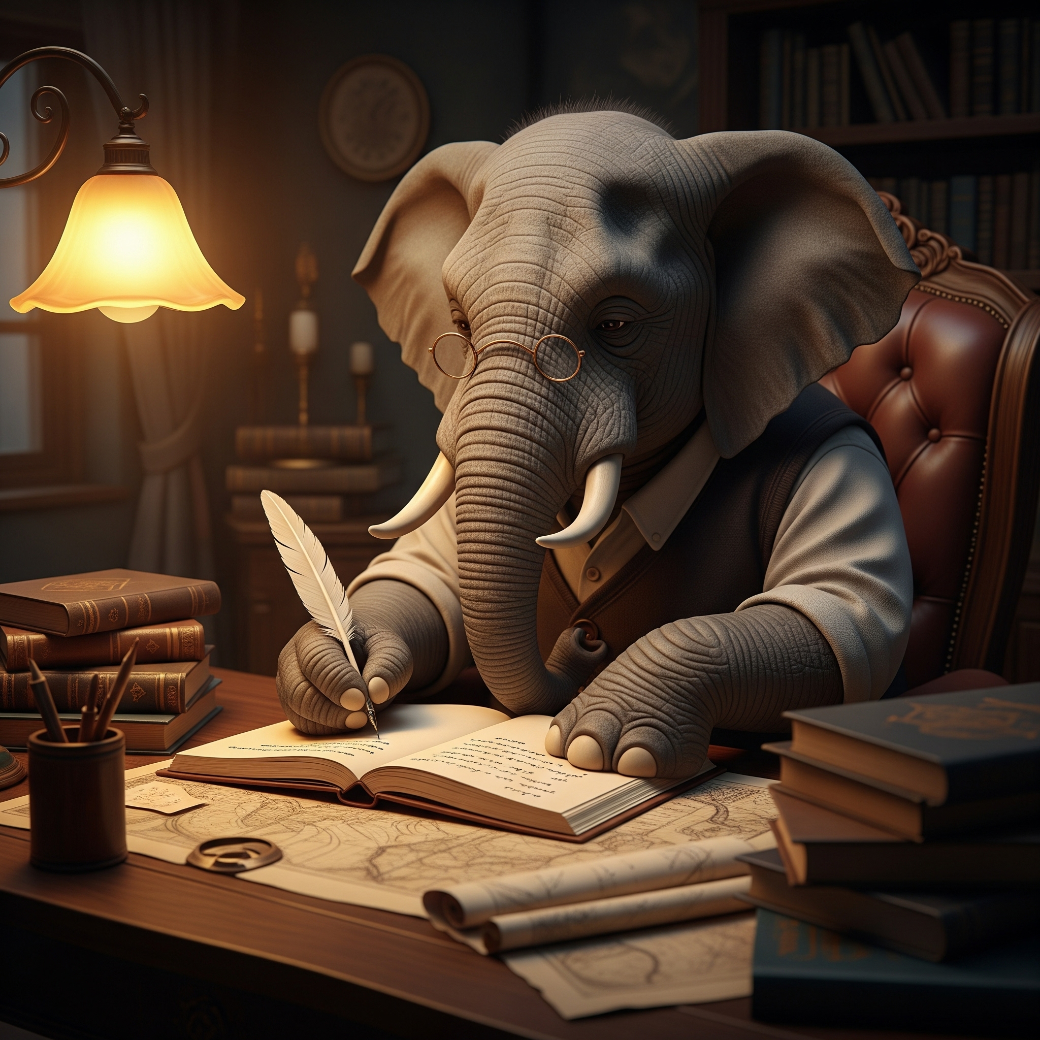 Elephant scholar writing in study